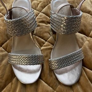 Rose gold block heel sandals